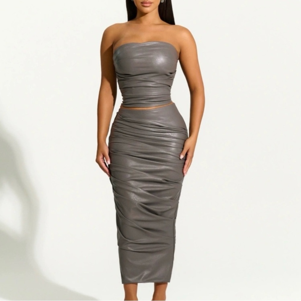 Naked Wardrobe Grey Ruched Faux Leather Two-Piece Set